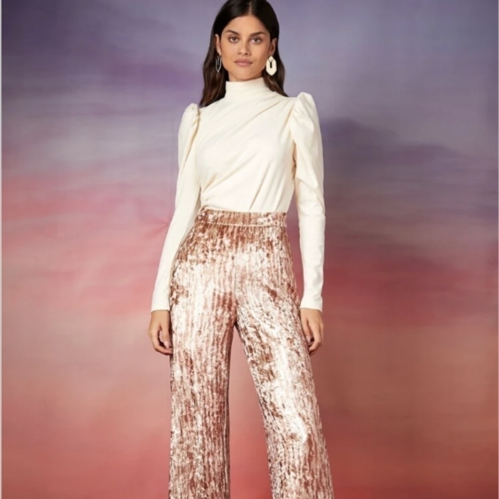 Velvet Wide Leg Trousers Shimmery Allover Print Festive Champagne S